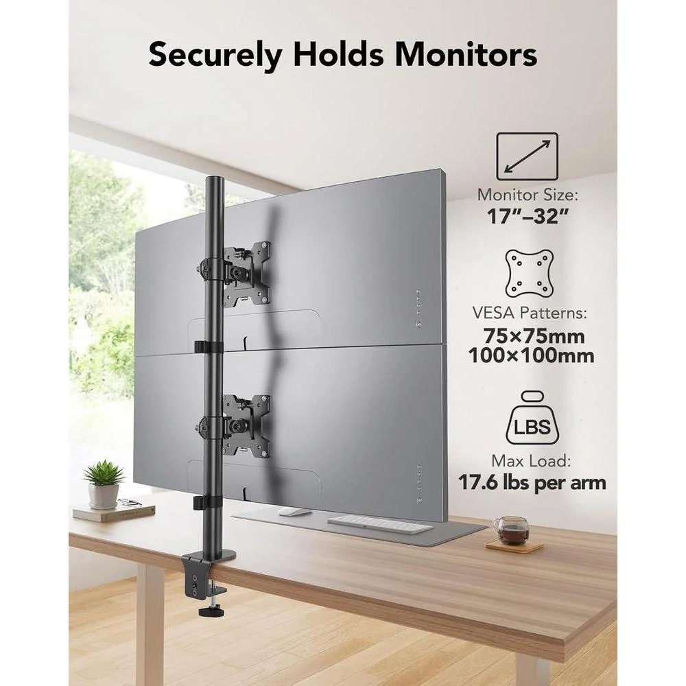 Soporte de monitor doble vertical HUANUO con ajuste de altura para dos monitores, brazo articulable y abrazadera C