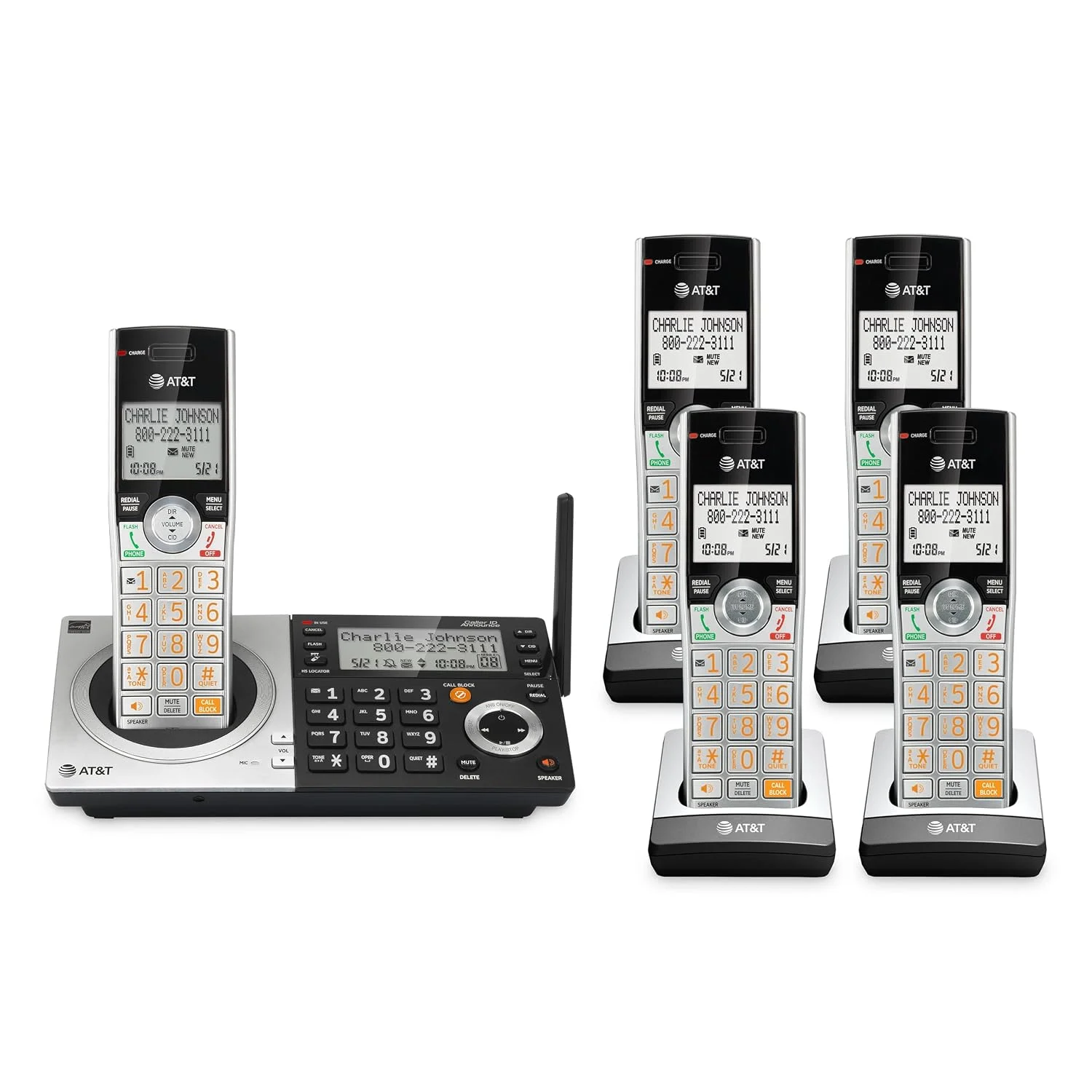 Teléfono fijo inalámbrico AT&T CL83507 DECT 6.0 con 5 auriculares y bloqueador de llamadas