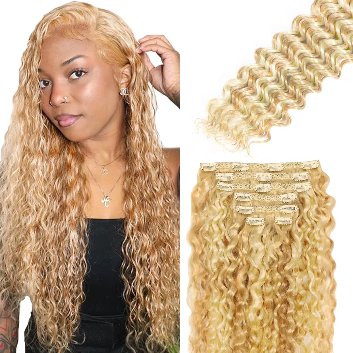 Extensiones de cabello clip-in Lakaisa 26 pulgadas P27613 rubio miel ondas profundas 120g 7 piezas