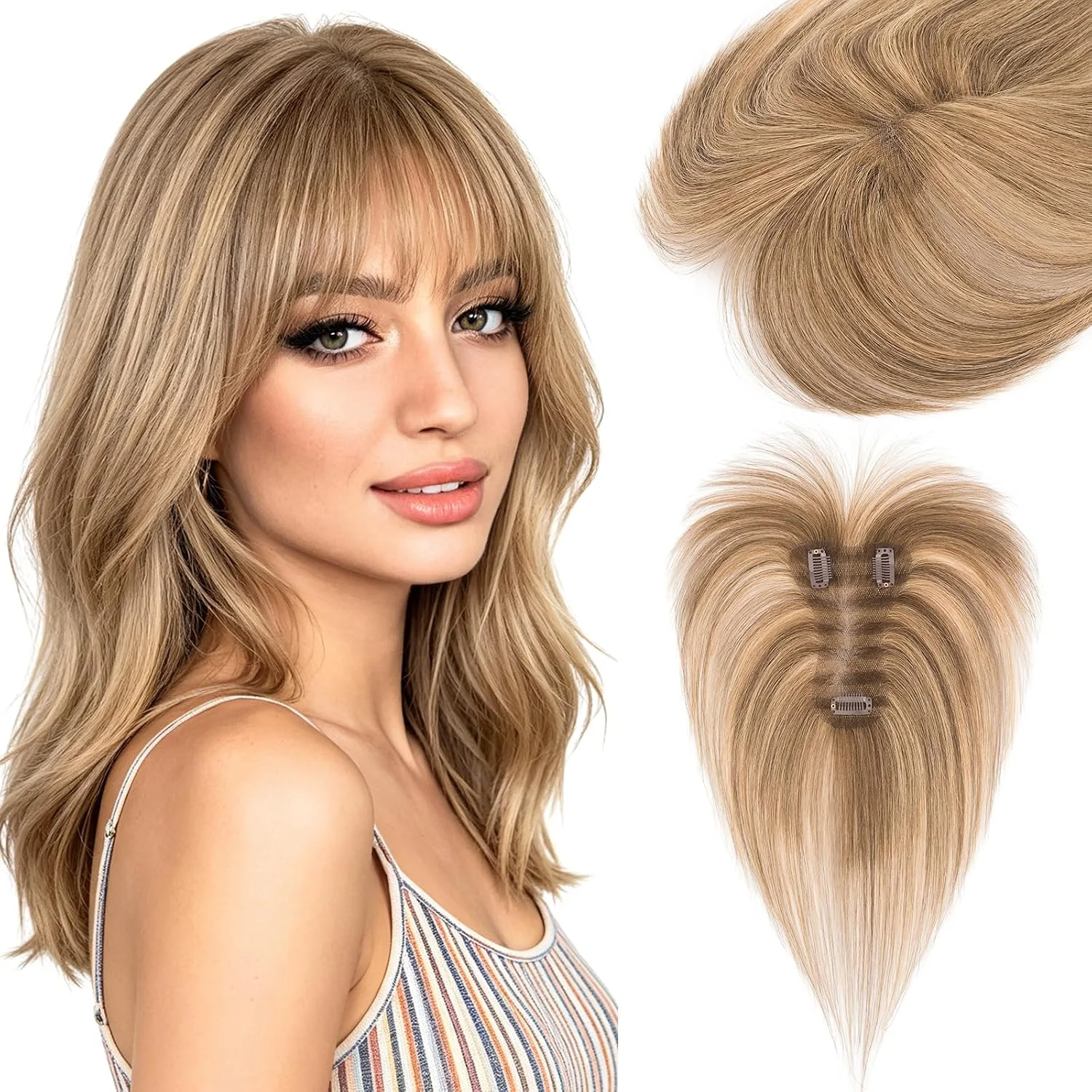 Flequillo postizo Hairro cabello humano con base de seda color castaño medio con rubio oscuro 10 pulgadas