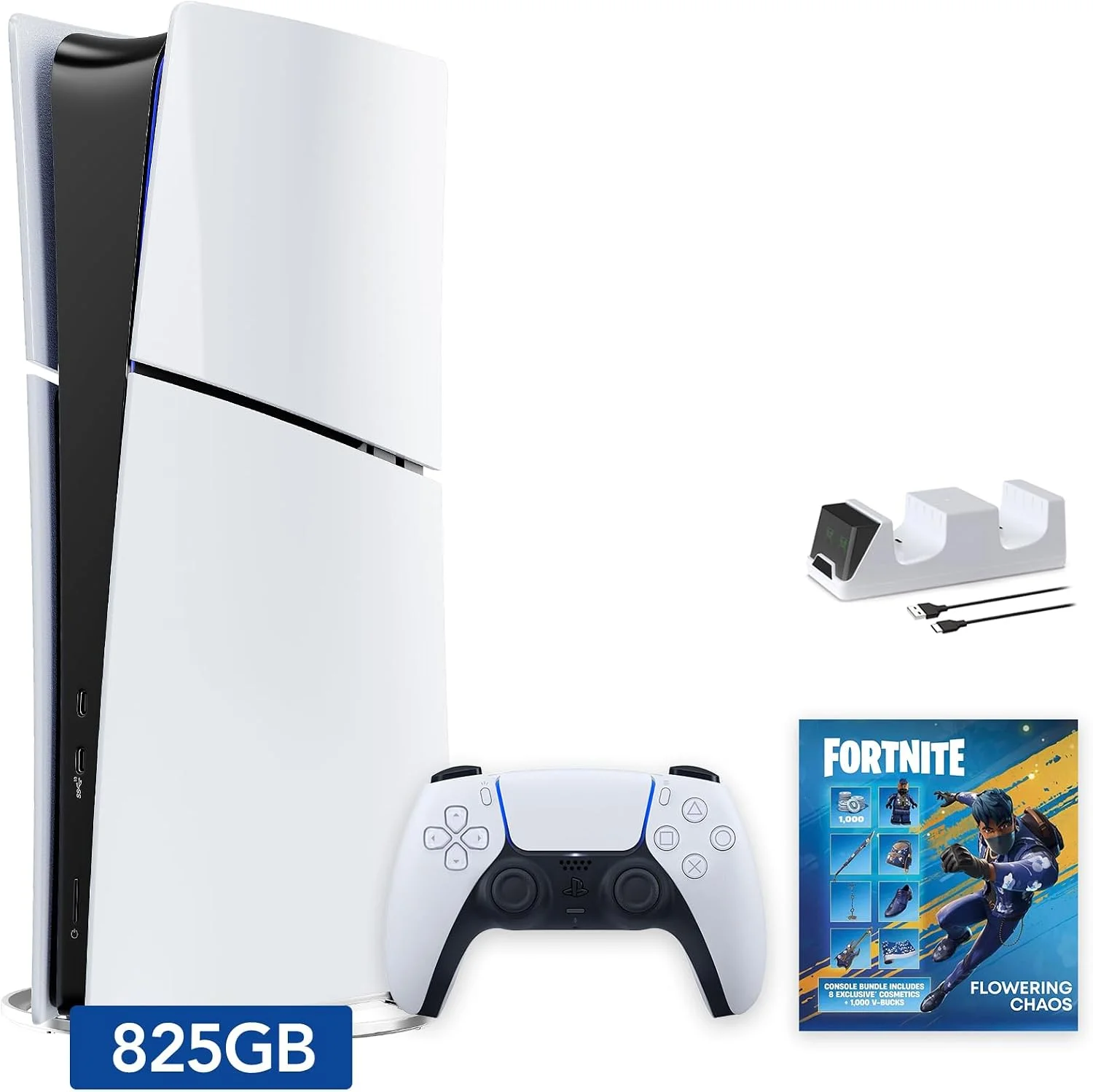PlayStation 5 Slim Digital Edition Fortnite Flowering Chaos Bundle and Mytrix Controller Charger - White, Slim PS5 825GB PCIe SSD Gaming Console