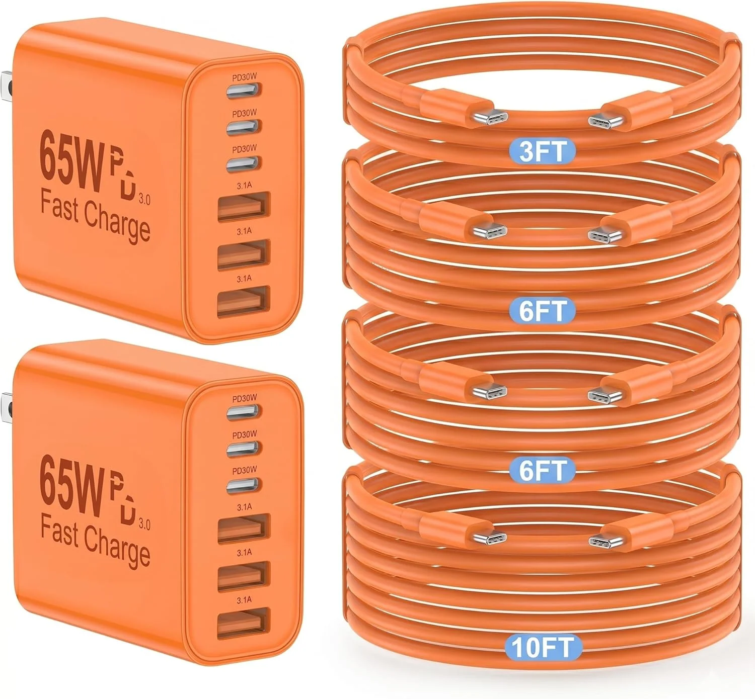 Cargador USB C 65W HALIHALL 2 puertos multiconexión con cables incluidos naranja