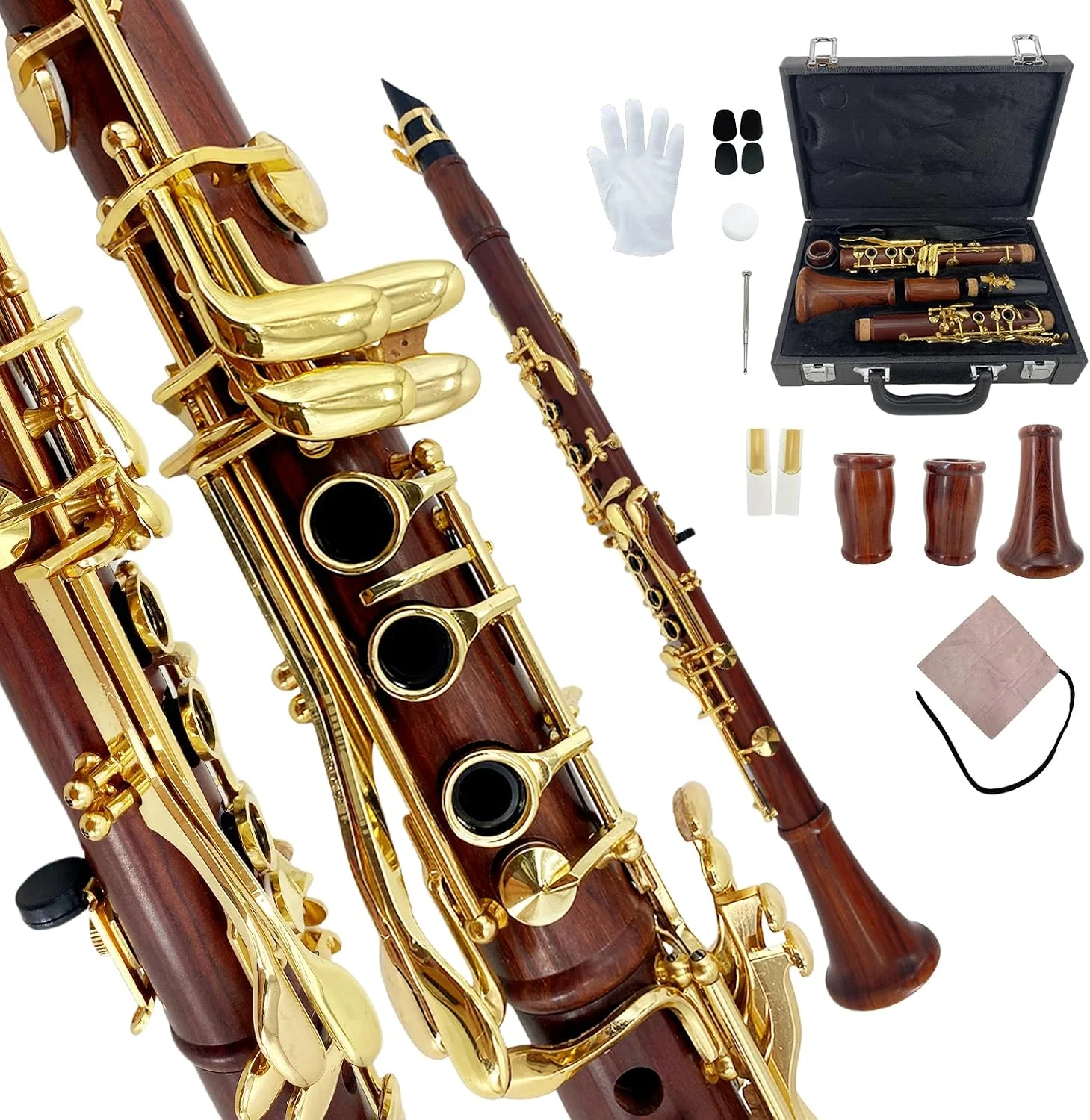 Clarinete Bb YoungMonic cuerpo de palisandro llaves doradas set iniciante con estuche