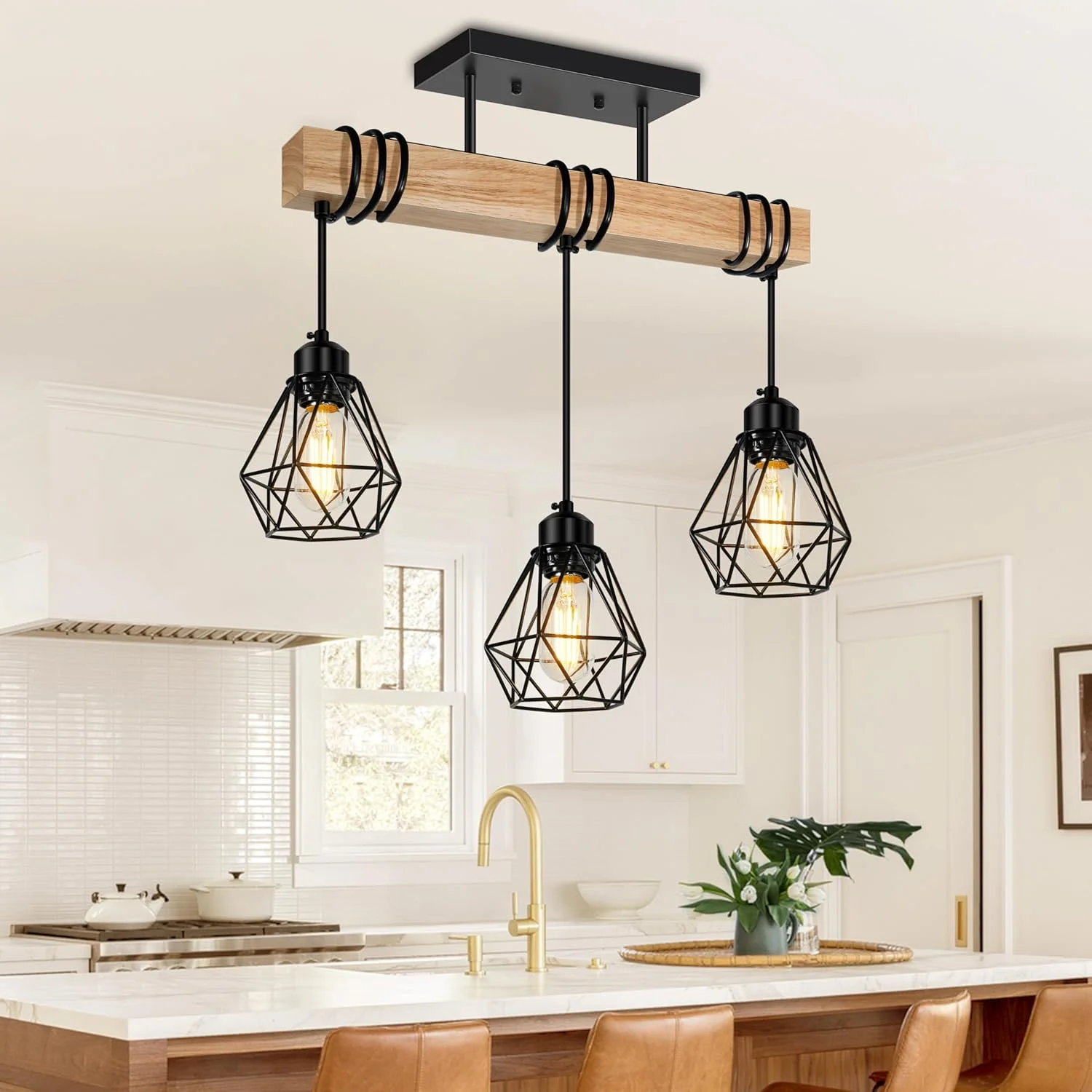Lámpara colgante de techo 3 luces Feanron estilo granja madera y metal negro