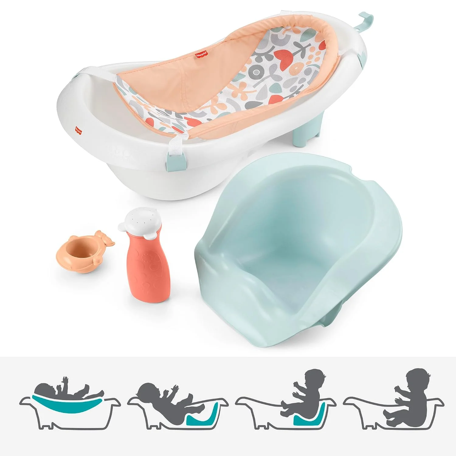 Fisher-Price Sling N Seat 4 en 1 Bañera para Bebé con 2 Juguetes Summer Blossoms