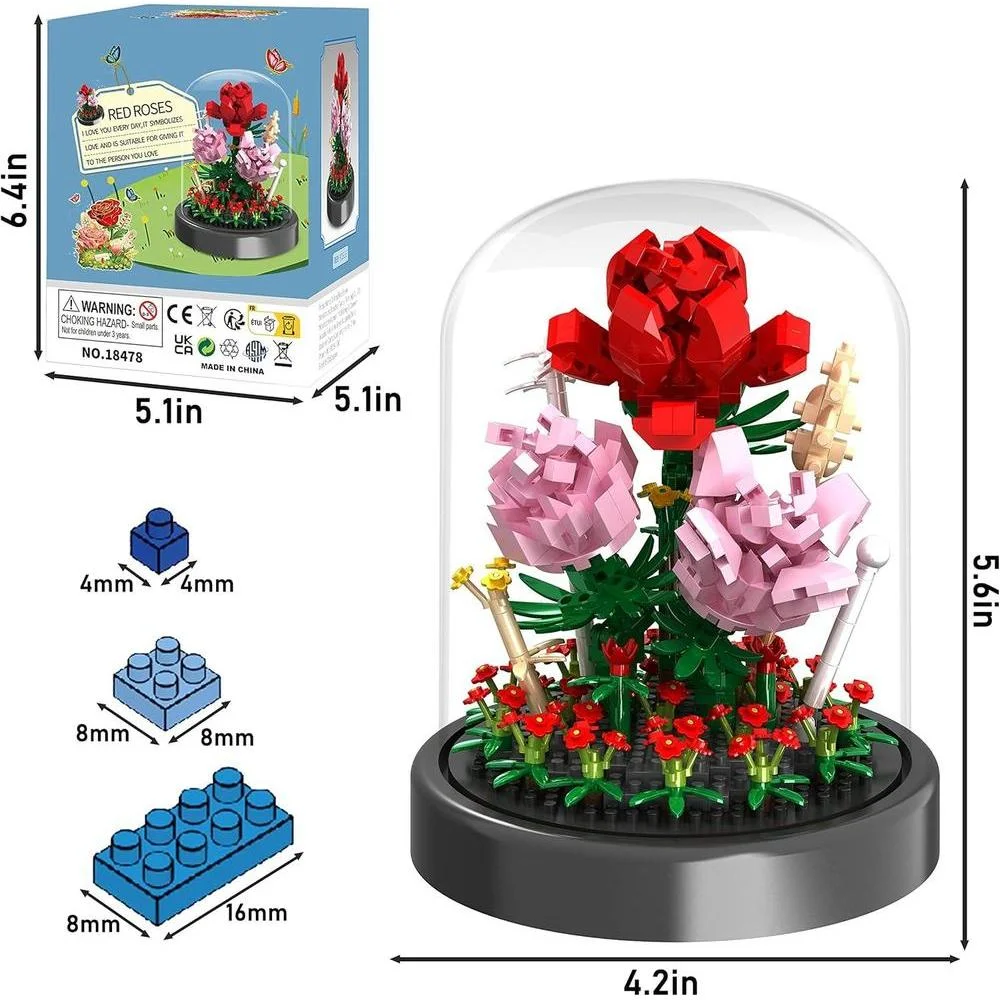 Kit ramo de flores con 524 piezas de mini ladrillos, rosas eternas en cúpula de cristal, ideal para regalos de San Valentín o decoraciones