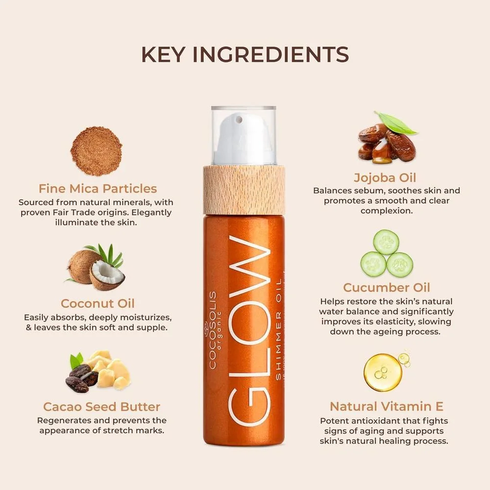COCOSOLIS GLOW Aceite Iluminador | Aceite Seco Natural Iluminador con Partículas Brillantes | Deja la Piel Radiante e Intensifica un Bronceado Dorado | Sensación Lujosa | 110ml