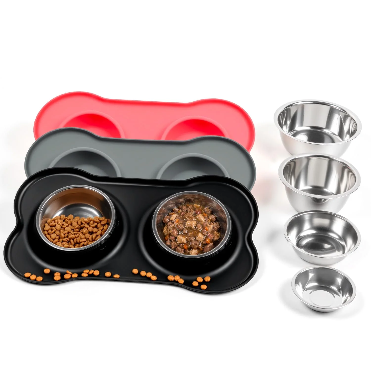 Conlun Pet Feeding Station, Silicone Mat, Spill Proof Bowls, M, Black