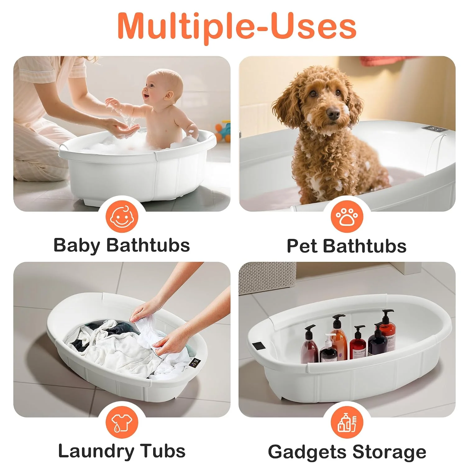 Spluvvly Bañera Plegable Grande para Bebé con Termómetro y Cojín Blanca