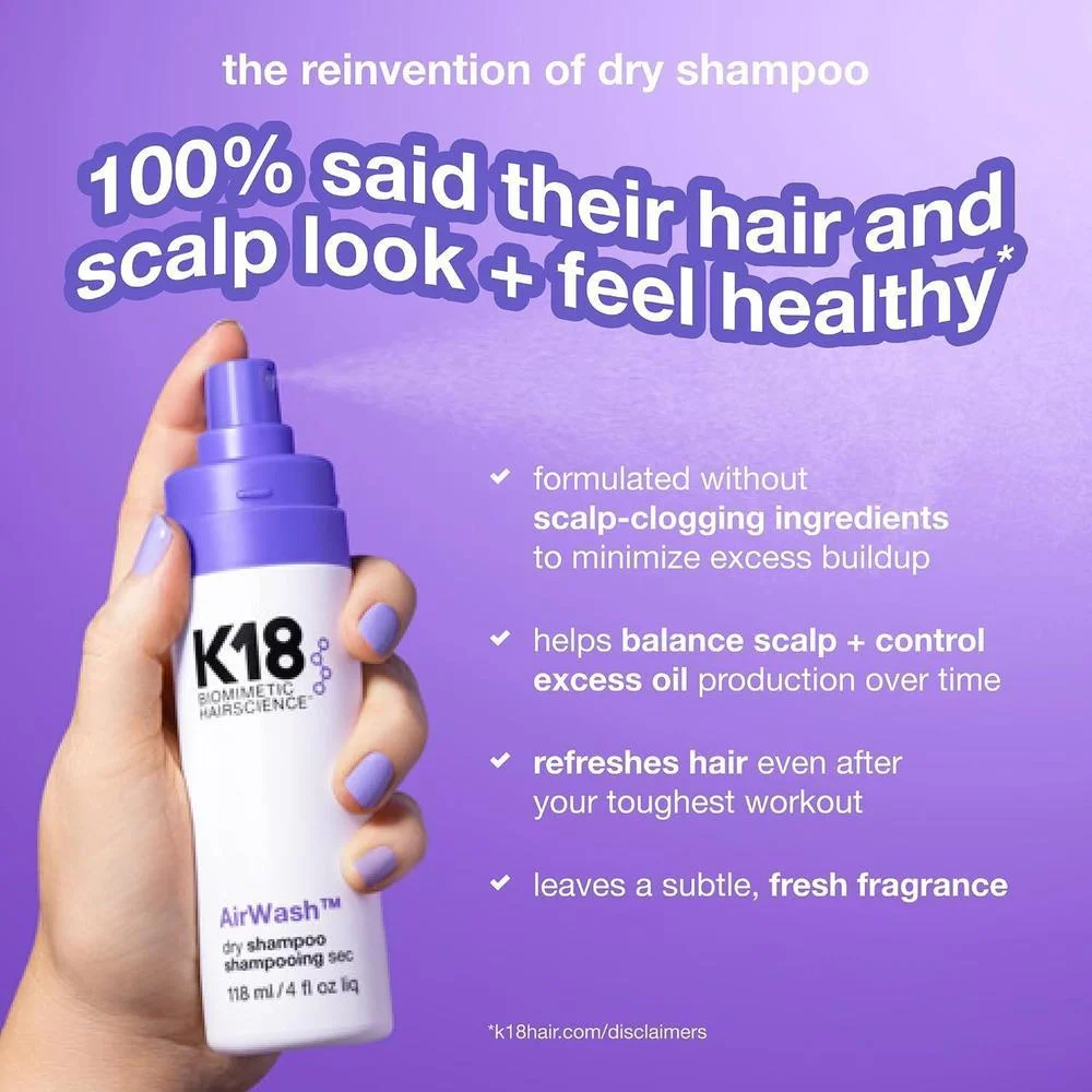 K18 AirWash Dry Shampoo con biotecnología de control de olores, balanceo del cuero cabelludo y control de grasa