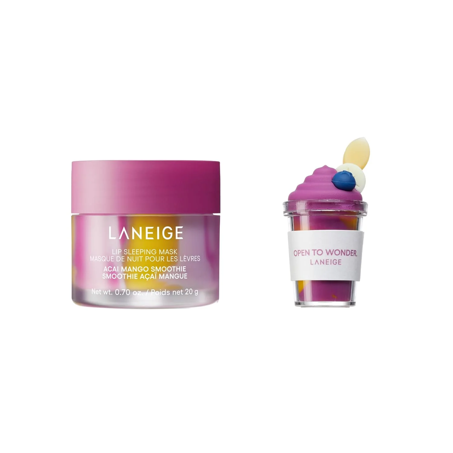 LANEIGE Lip Sleeping Mask & Topper, Limited-Edition, Acai Mango Smoothie: Marbled Korean Overnight Treatment For Dry Lips with Matching Topper to Hold Applicator Spatula | Hydrating Lip Mask