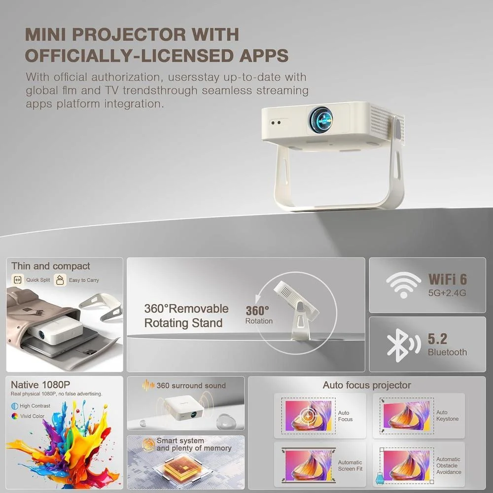 Mini Proyector Inteligente con WiFi, Bluetooth y enfoque automático, XuanPad Proyector para exteriores 4K y portátil nativo 1080P