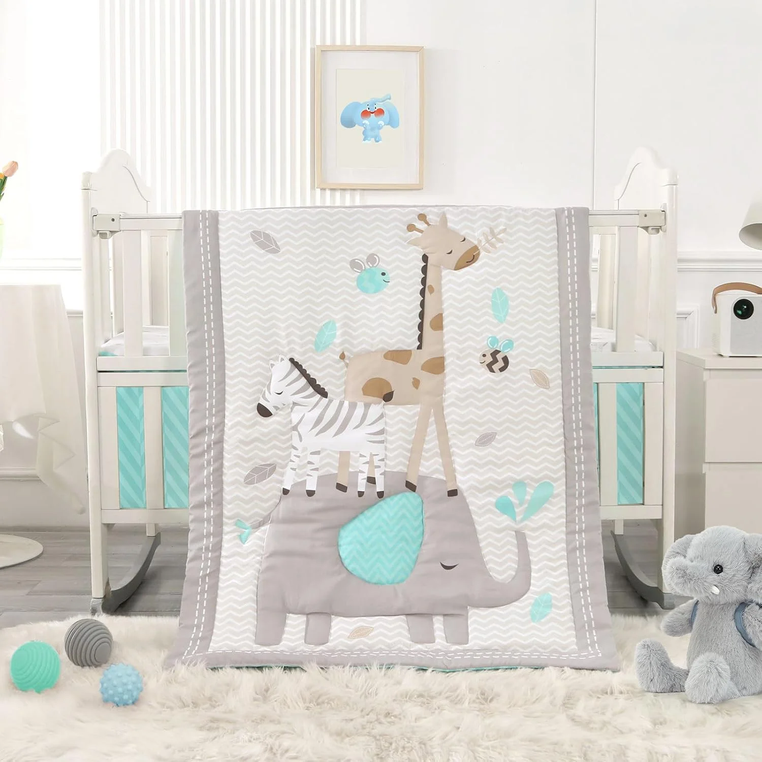 Wowelife Elephant Crib Bedding Set Gray, Premium 3-Piece Baby Bedding Set Elephant, Safari Newborn& Infant Nursery Bedding Set for Baby Boy, Gray