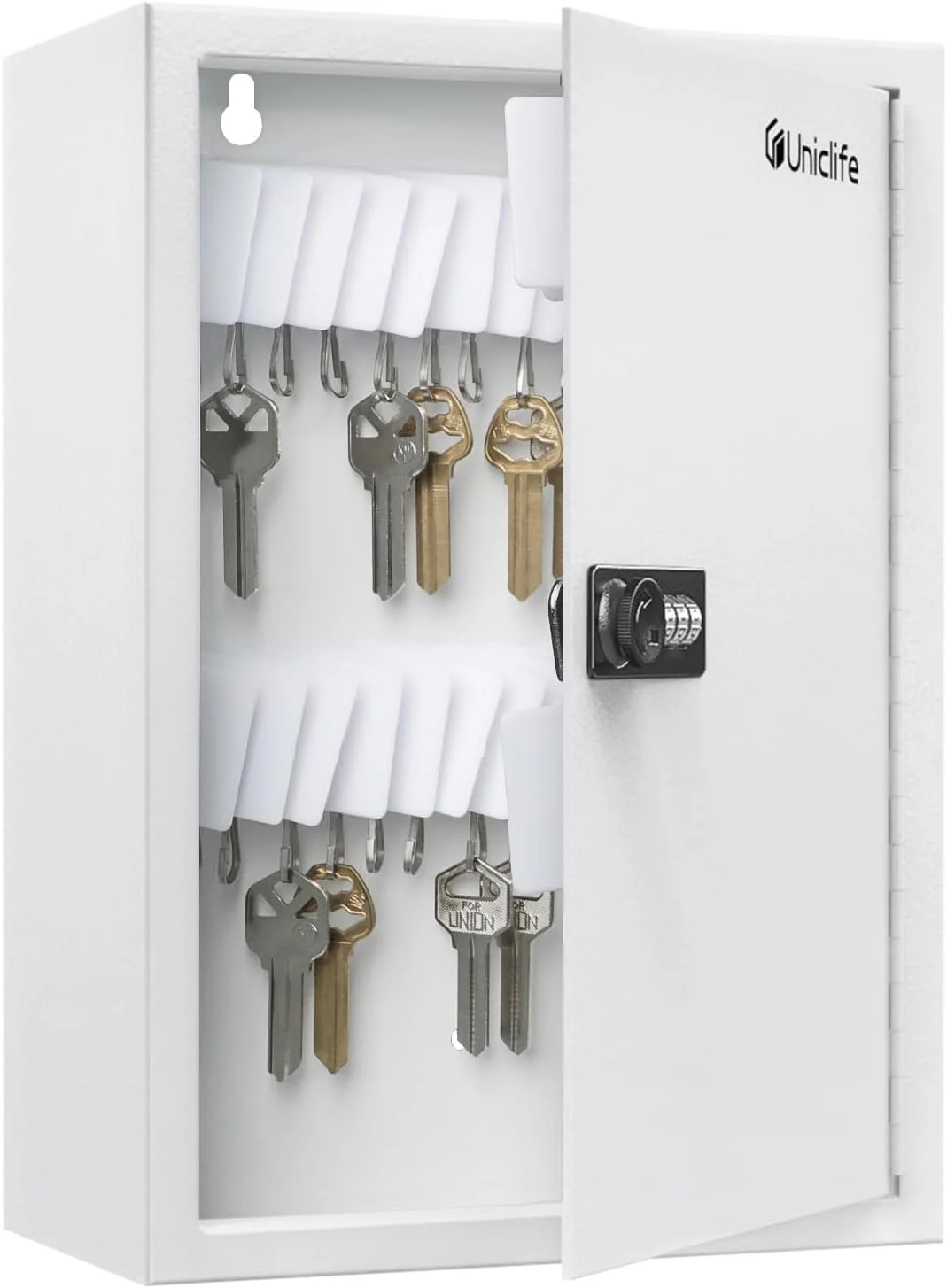 Uniclife 40 Position Slotted Key Cabinet with Combination Lock Resettable White Digital Security Storage Box Steel Key Organizer with Slotted Racks White Key Tag Labels and Permanent Pen