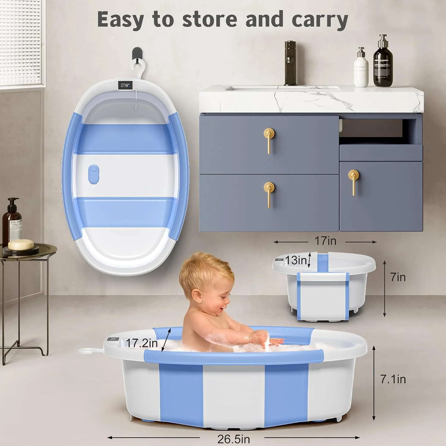 Himold Bañera Plegable Amplia para Bebé con Termómetro y Cojín Azul
