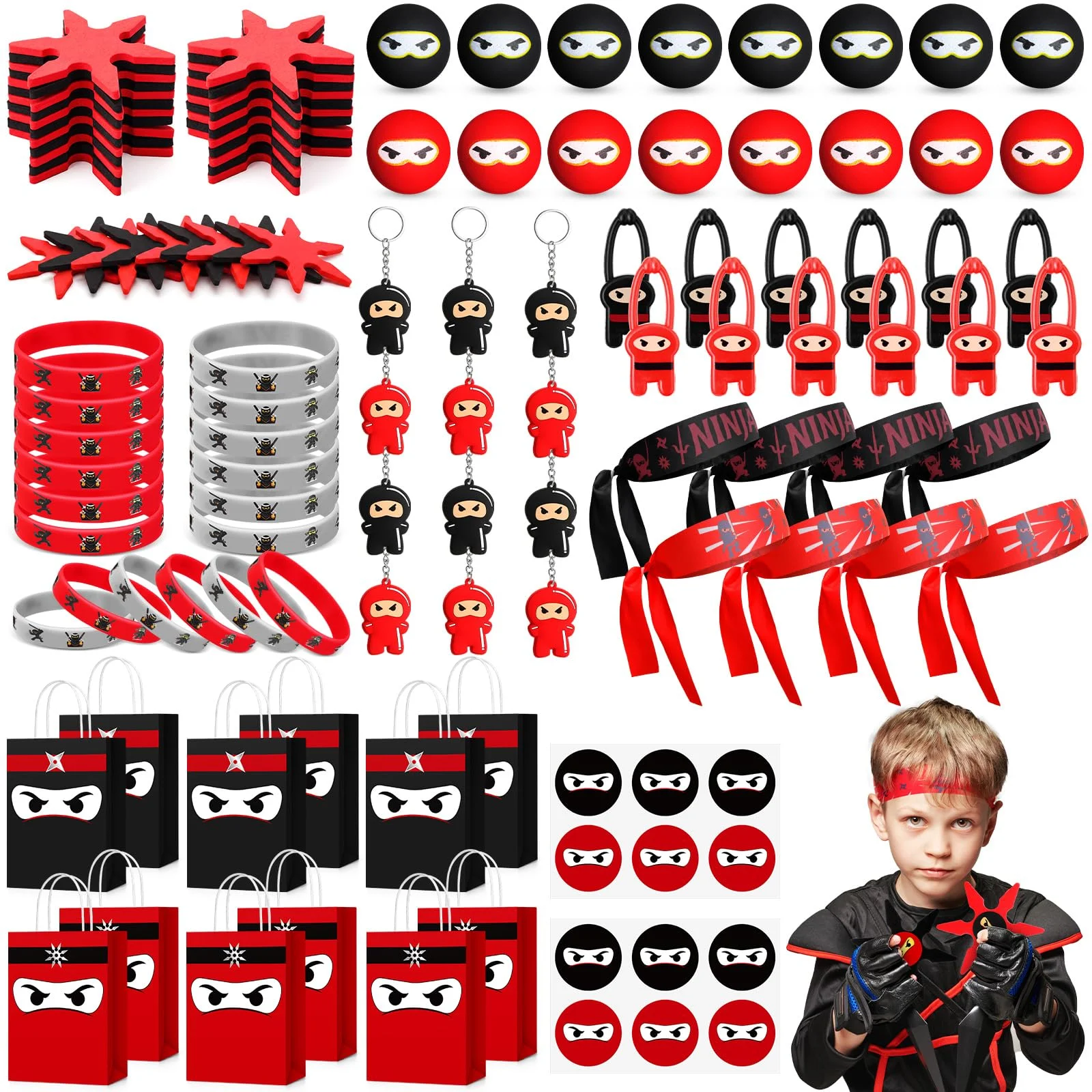 Set de 128 recuerdos temática ninja para fiesta infantil rojo y negro