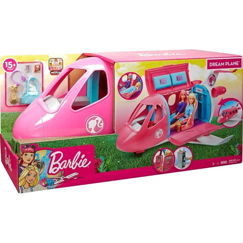 Barbie Dreamplane: Avión de Juego con Asientos Reclinables y Compartimentos Funcionales, Incluye Cachorro y Carrito de Snacks
