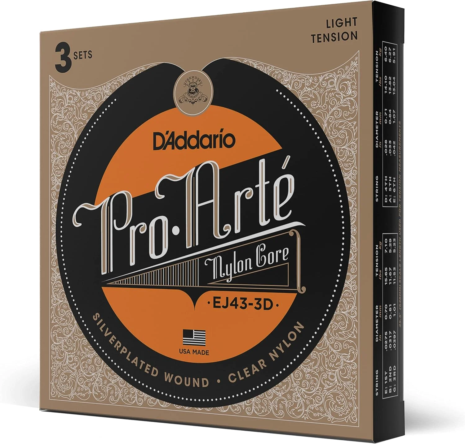 D'Addario Pro-Arte Nylon Classical Guitar Strings, Light Tension, 3 Sets