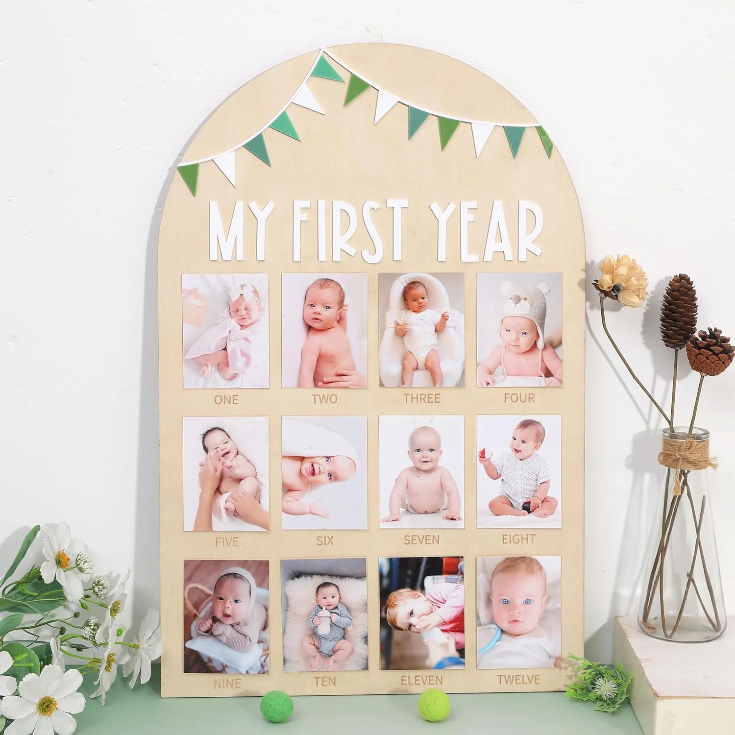PATRDIO Sage Green 12-Month Photo Frame Set—Wild One Wooden Decoration, 1st Birthday Bunting, Wooden Monthly Milestone Photo Frame,First birthday decorations