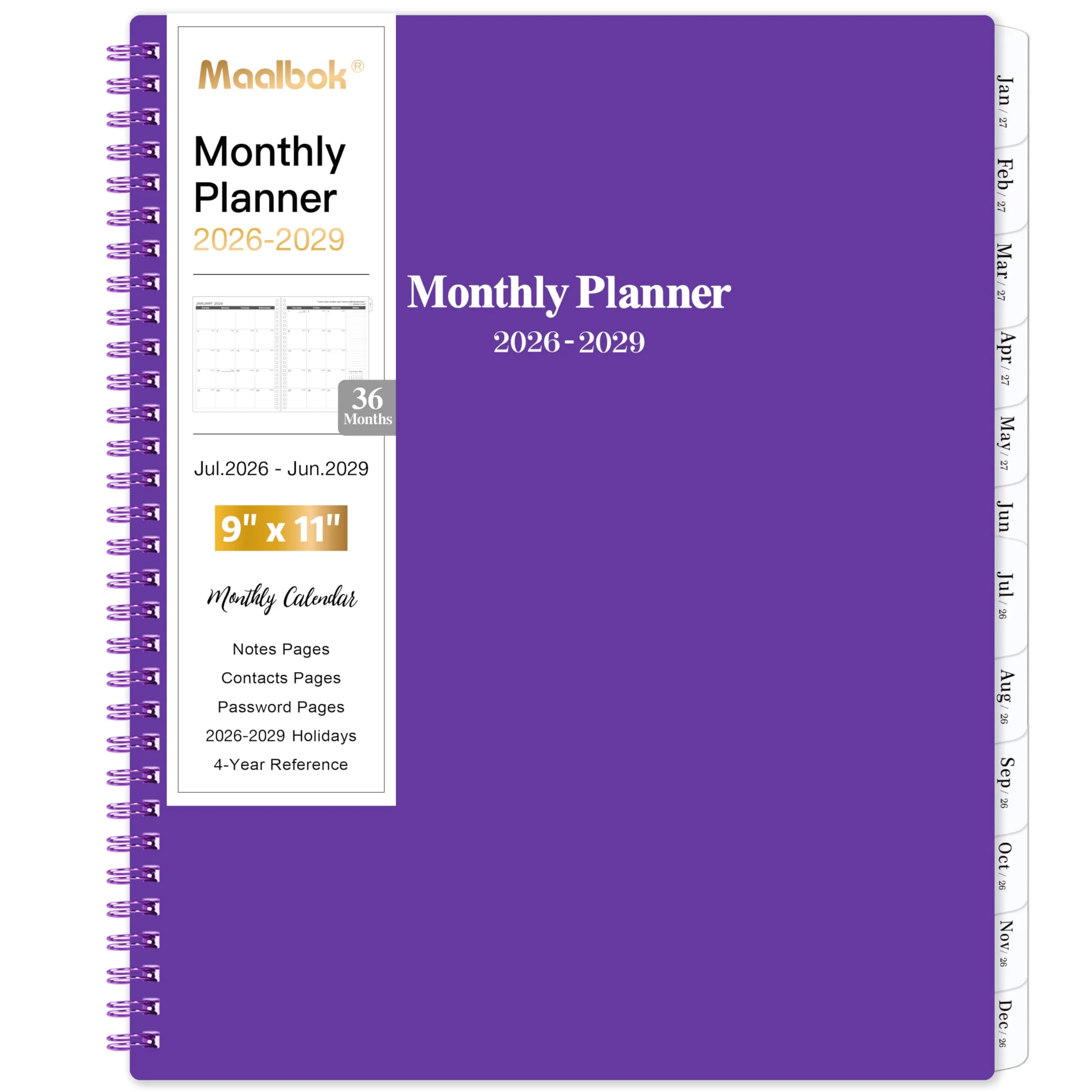 2026-2029 Monthly Planner/Calendar - JUL 2026 - JUN 2029, 3 Year Months Planner 2026-2029, 9'' x 11'', 2-Side Pocket, 36 Monthly Tabs, Purple