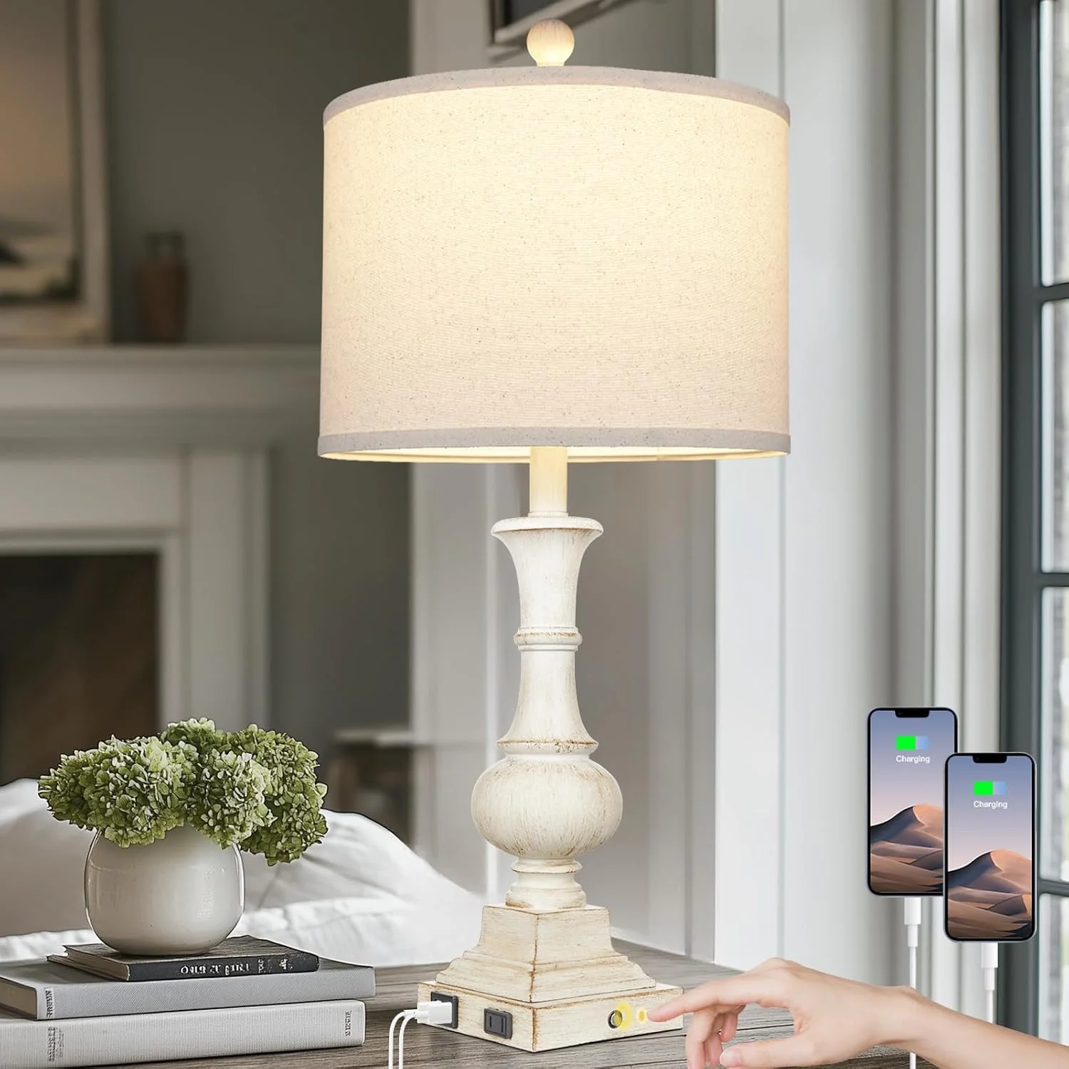 26" Farmhouse Table Lamp, Vintage Rustic Touch Control Bedside Lamp with 2 USB Ports & AC Outlet, Boho Resin 3-Way Dimmable Nightstand Lamp Linen Fabric Shade for Living Room Bedroom End Table White
