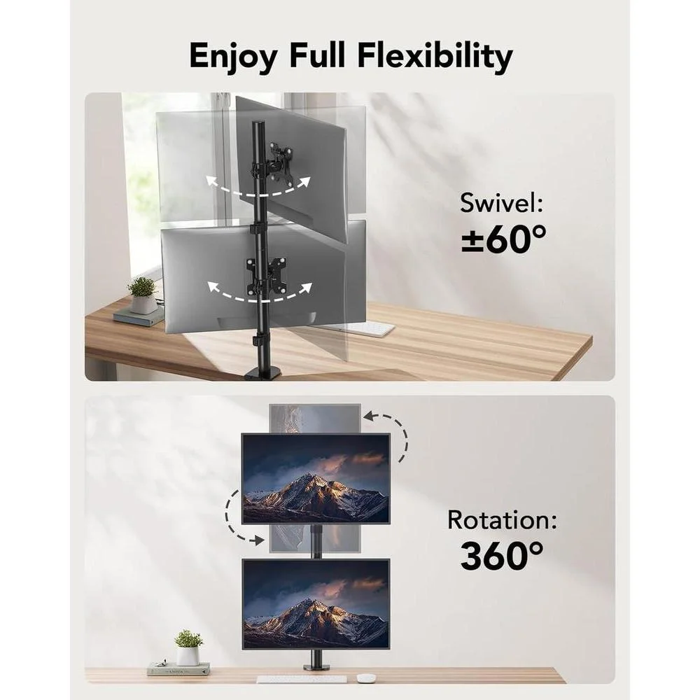Soporte de monitor doble vertical HUANUO con ajuste de altura para dos monitores, brazo articulable y abrazadera C