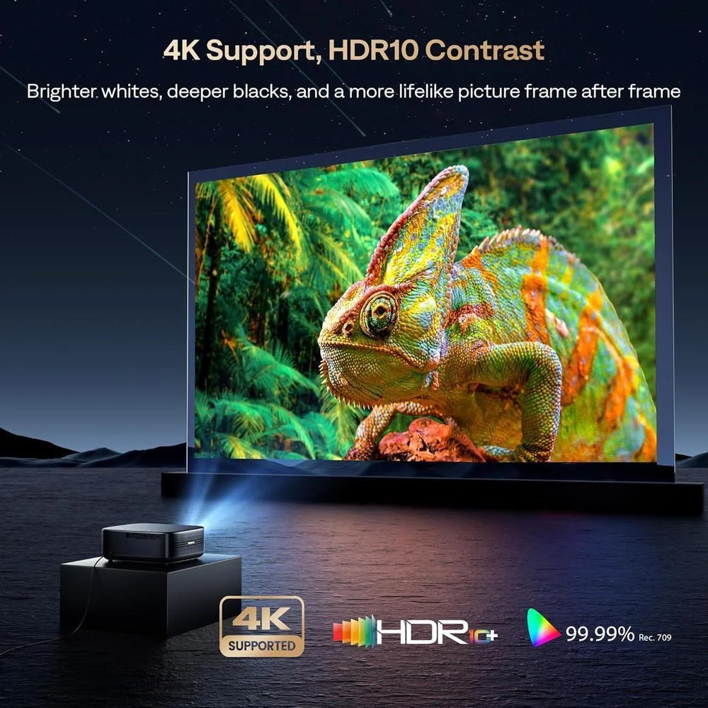 Proyector Alvar con WiFi 6, Bluetooth, sonido dbx-tv y aplicaciones integradas como Netflix, ideal para cine en casa o exterior