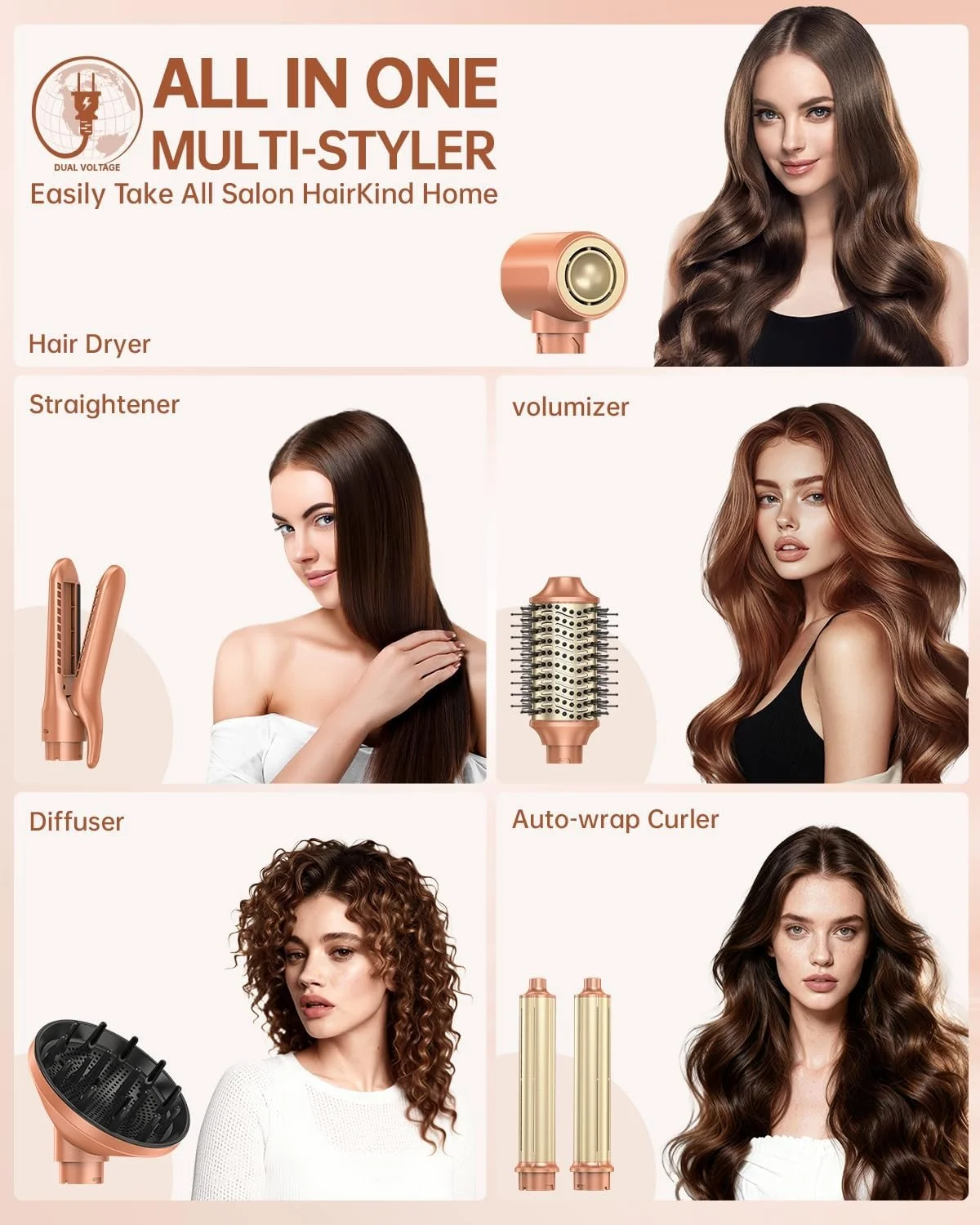 webeauty [Dual Voltage] webeauty 6 in 1 Hot Air Styler, High-Speed Negative Ionic Hair Dryer with Auto Curlers, Professional Blow Dryer Brush, Diffuser, Volumizer Multiple Styling, No Heat Damage