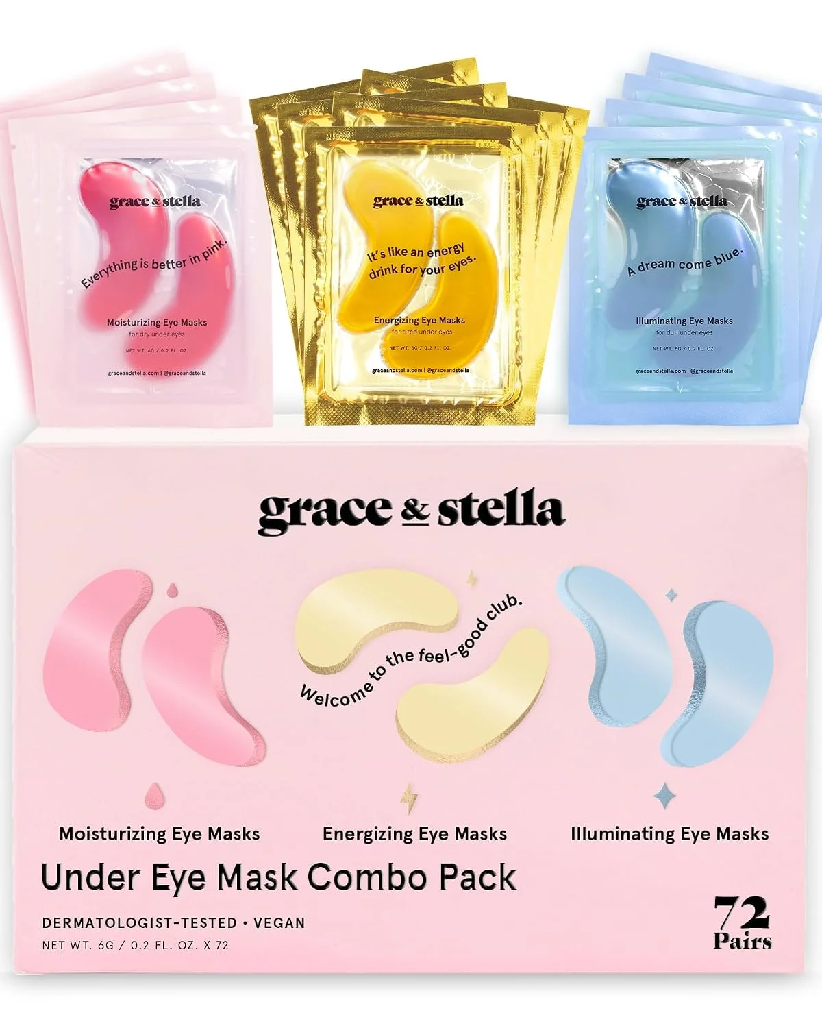 Mascarilla para contorno de ojos Grace & Stella 72 pares oro, rosa y azul