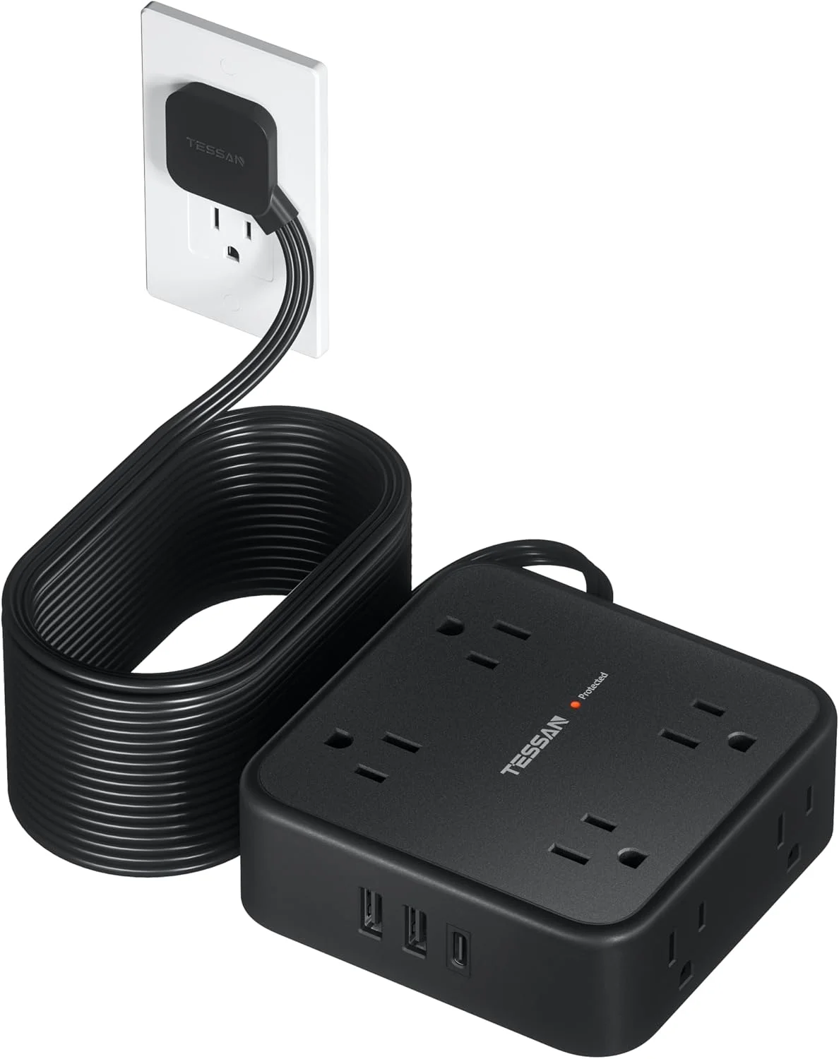 TESSAN Surge Protector Power Strip with 900J Surge Protection, 25 Ft, Black
