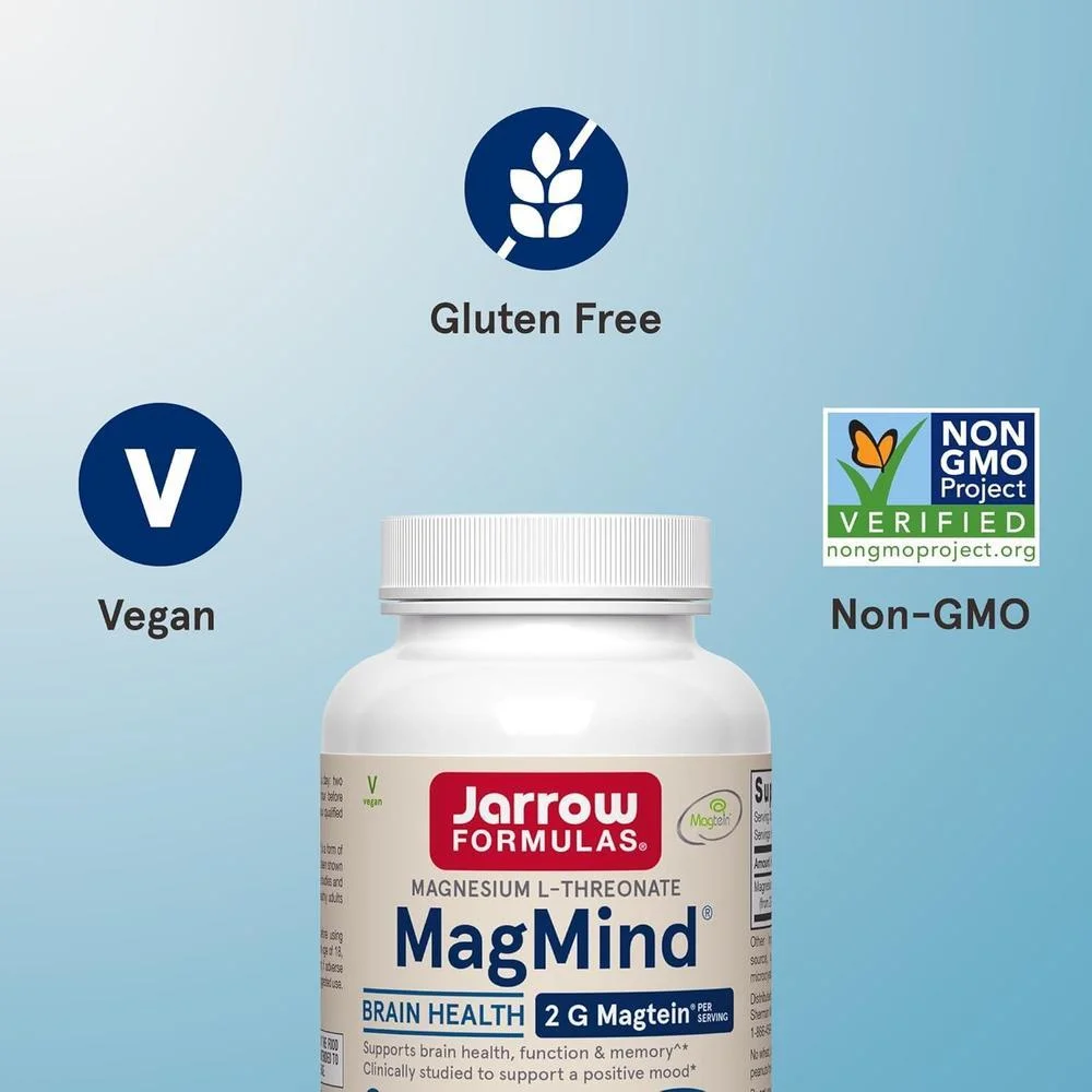 Jarrow Formulas L-treonato de magnesio suplemento para soporte cerebral, 90 cápsulas veganas MagMind Magtein