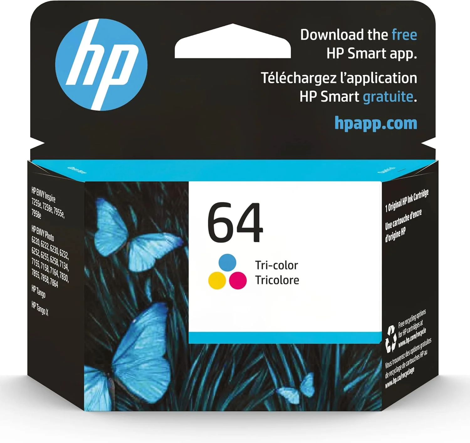 HP 64 Tri-Color Ink Cartridge | Works with Envy Inspire 7950e; Envy Photo 6200, 7100, 7800; Tango Series | Eligible for