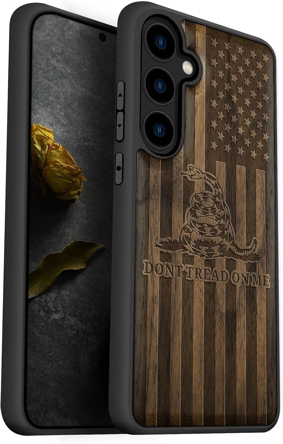 Funda de madera Carveit para Samsung Galaxy S24 Plus, diseño Gadsden y bandera americana, nogal