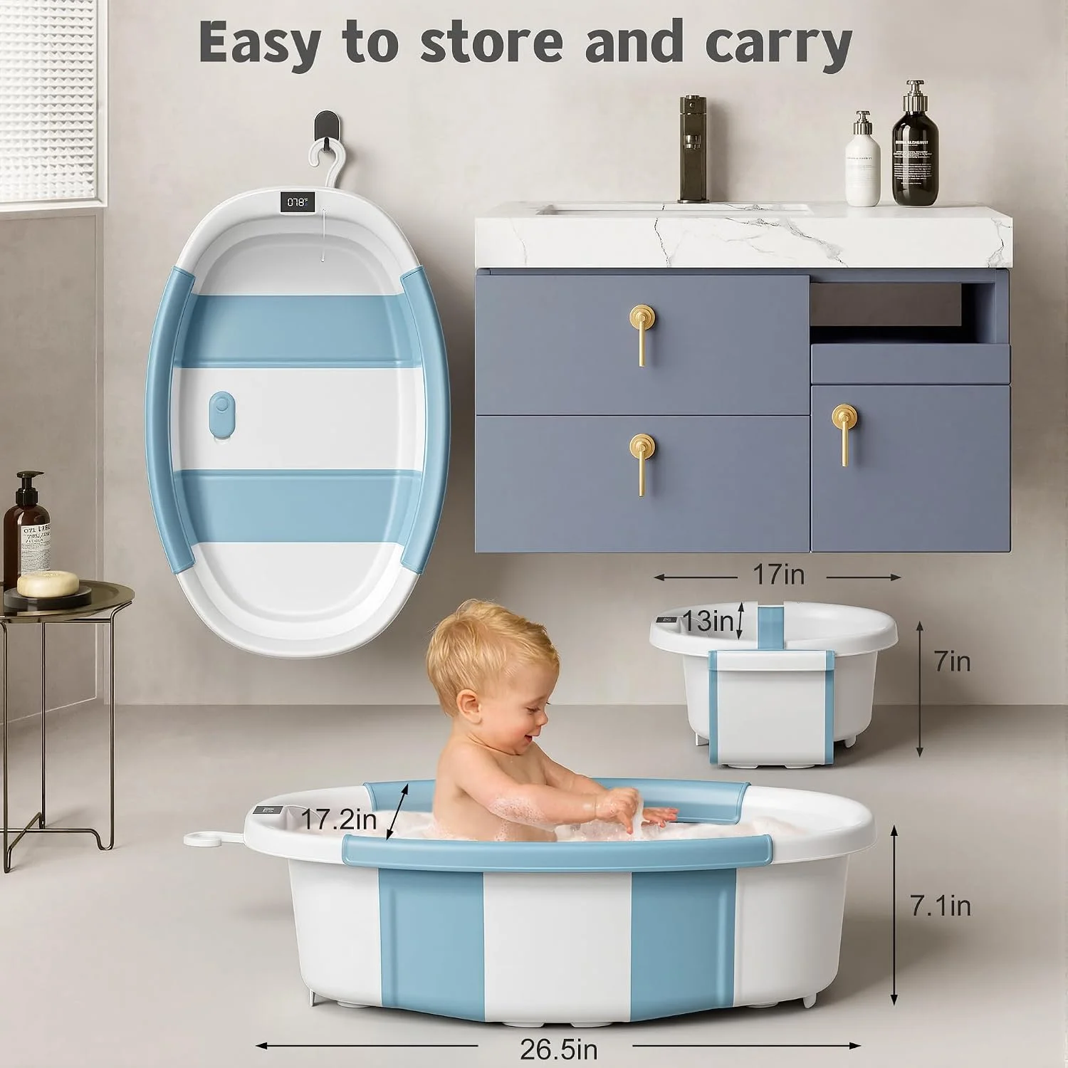 Himold Bañera Plegable Amplia para Bebé con Termómetro y Cojín Celeste