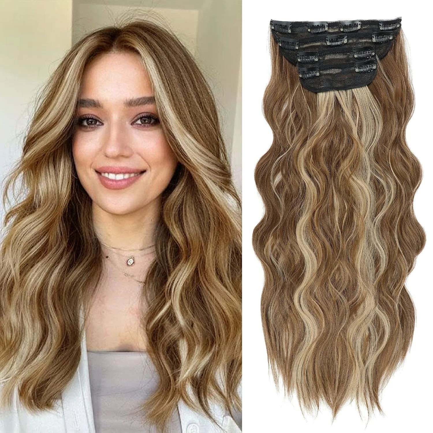 Extensiones de cabello clip in Verna 20 pulgadas caramelo marrón y rubio miel 4 piezas