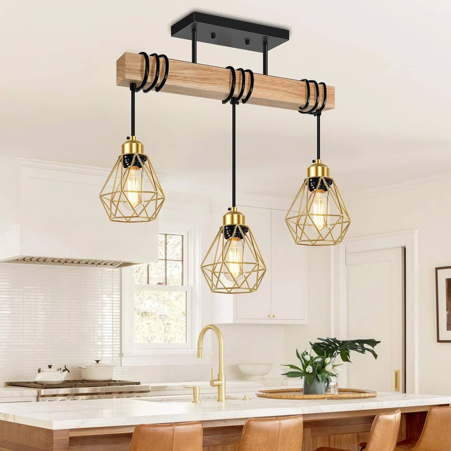 Lámpara colgante de techo 3 luces estilo farmhouse negro y dorado