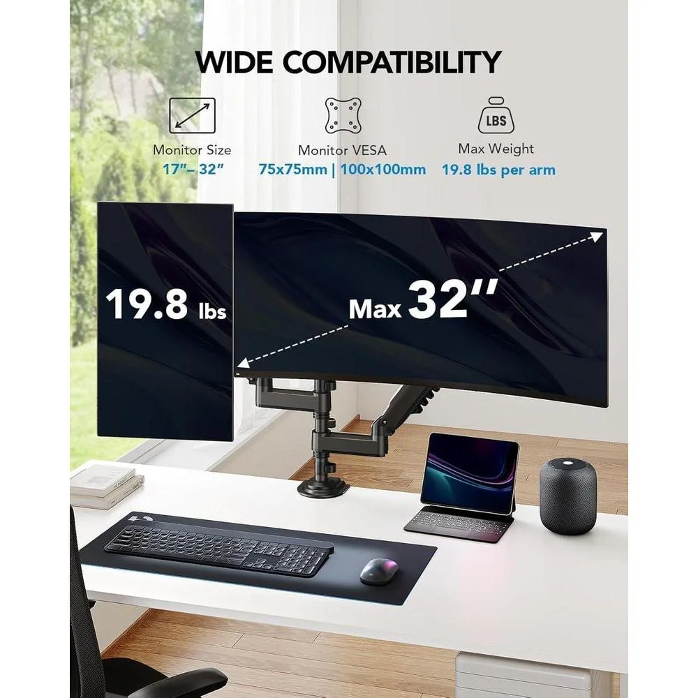 Soporte dual ajustable para monitores con inclinación y rotación por HUANUO, mejora la postura y organiza tu espacio