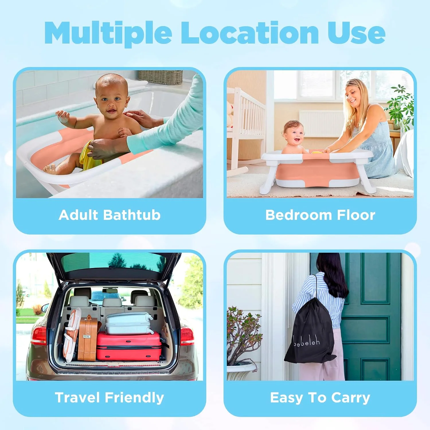 BEBELEH Bañera Plegable para Bebé con Termómetro y Doble Hamaca Rosada