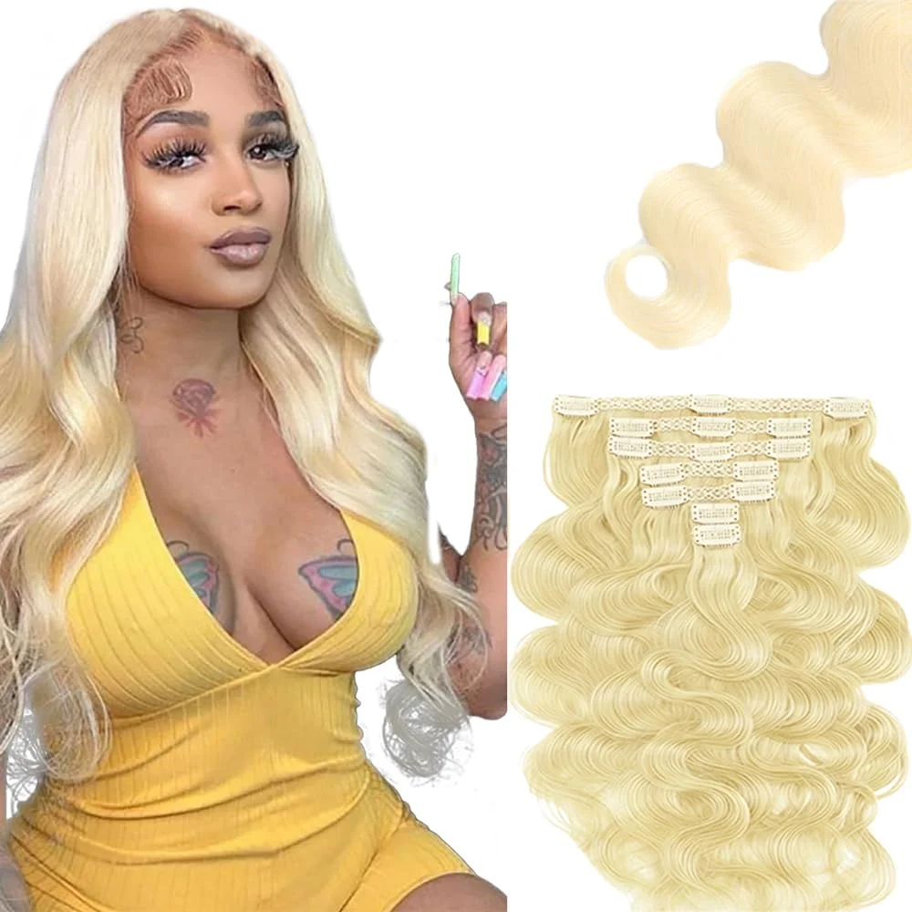 Extensiones de cabello clip-in Lakaisa #613 rubio 28 pulgadas 120g 7 piezas