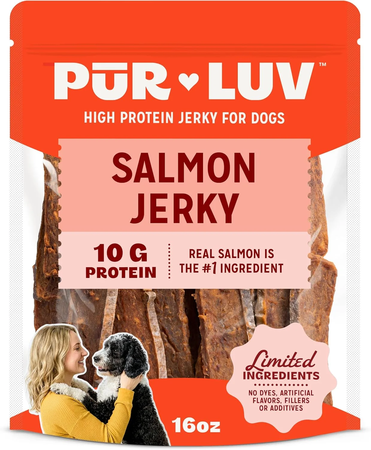 Snack Pur Luv Salmon Jerky para Perros, Suave y Masticable, 10g de Proteína