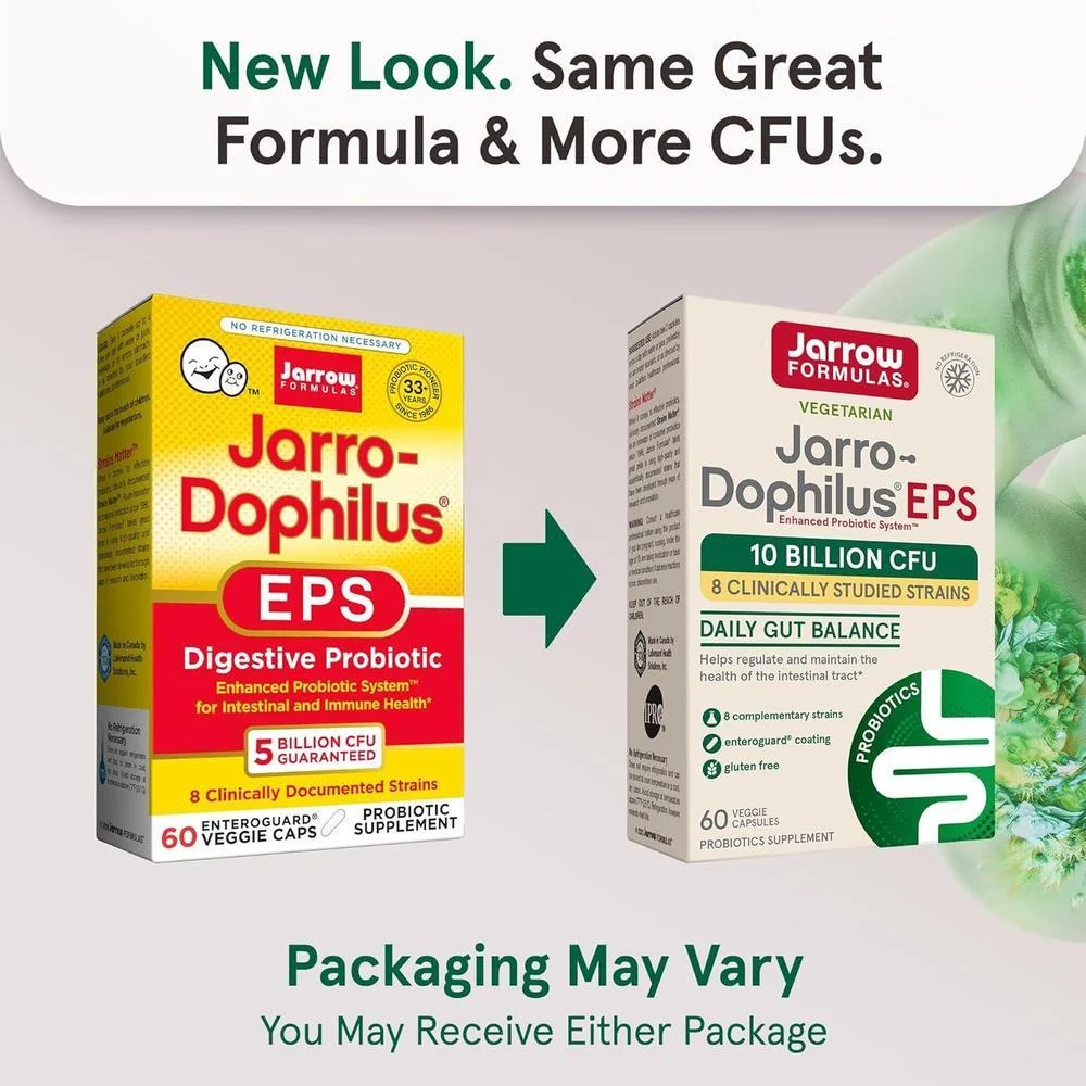 Jarrow Formulas Jarro-Dophilus EPS con 10 mil millones de UFC para apoyo intestinal, cápsulas veganas para hombres y mujeres
