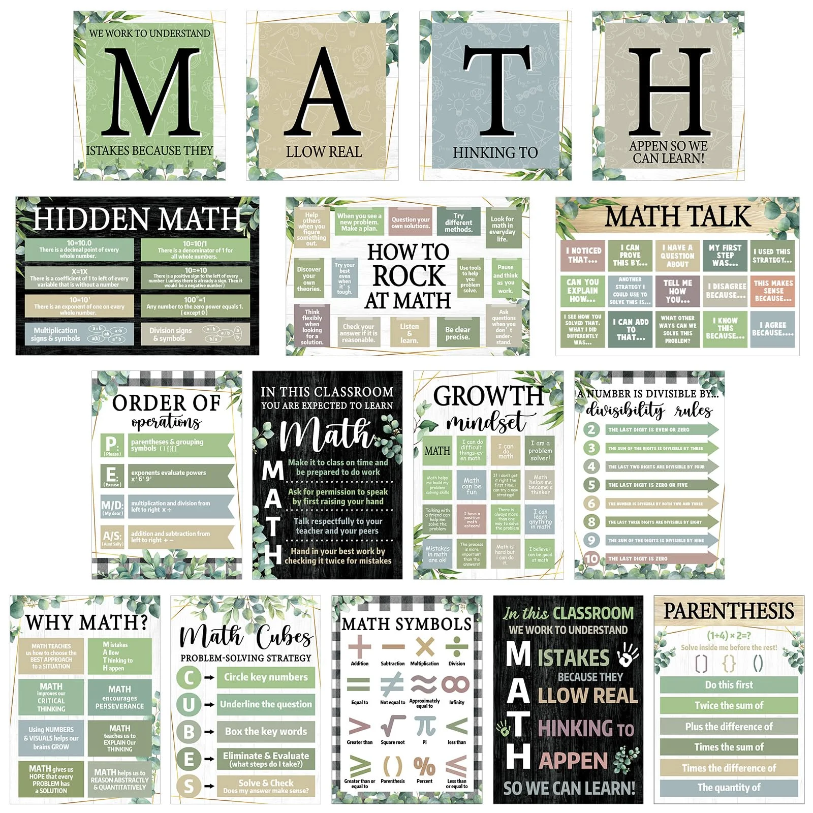 Set de 16 Pósters Matemáticos Obusatt para Aula Decoración Escolar