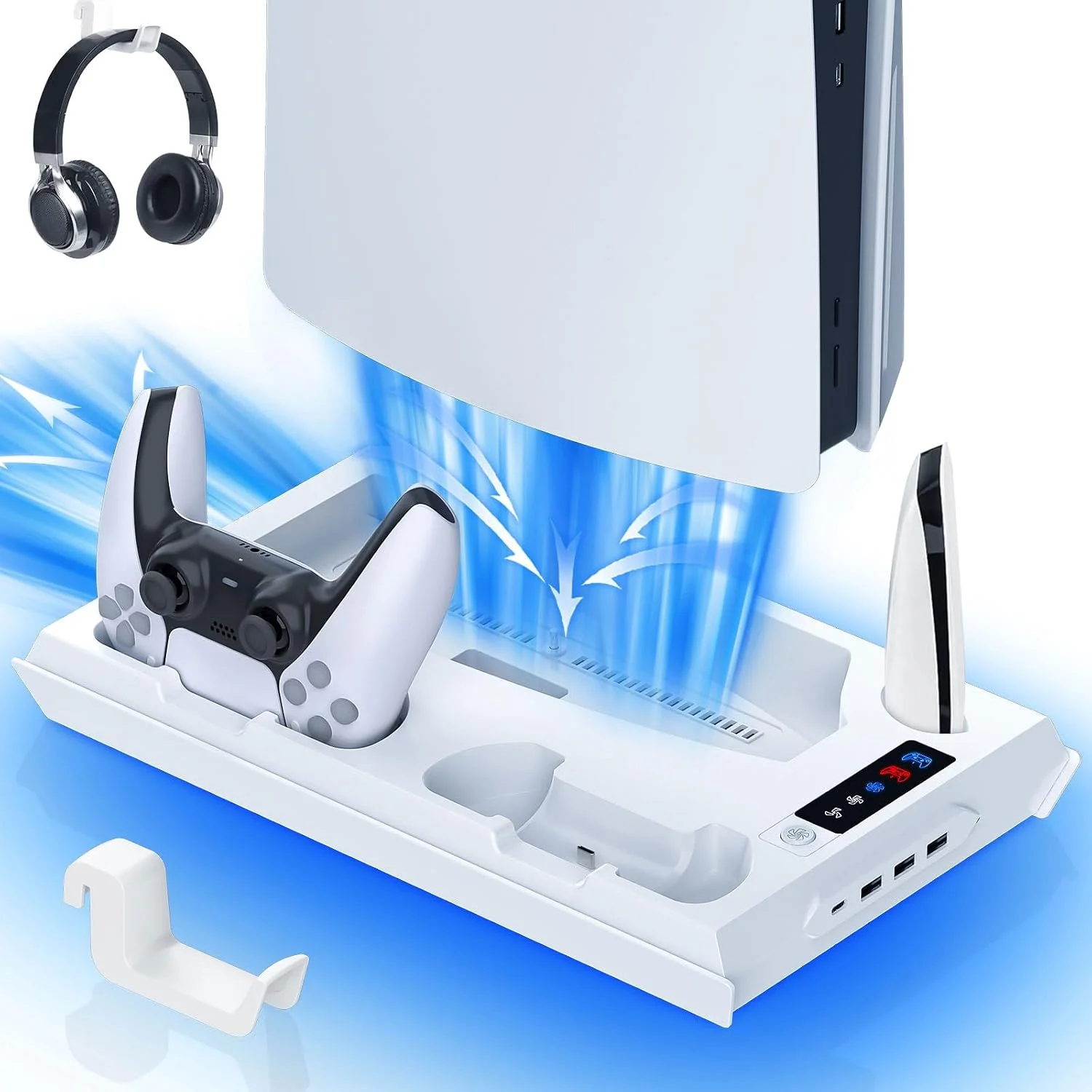 fivtek PS5 Stand with Cooling Fan & Controller Charger, All-in-One Docking Station for PS5 & PS5-Slim, 4-Port USB Hub, Headset Holder, Fast Wireless Charging for 2 Dual Controllers, White