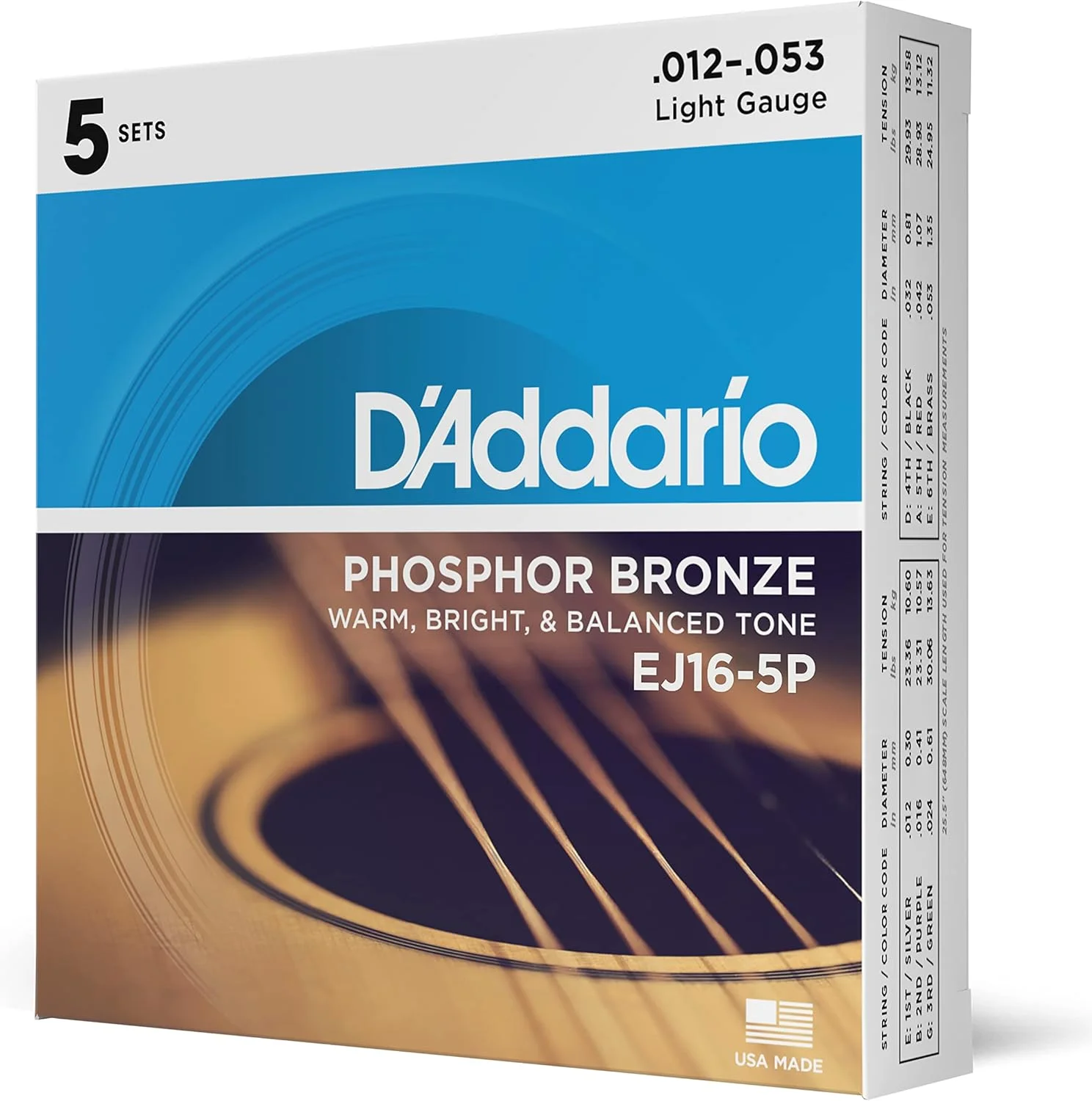 Juego de cuerdas para guitarra acústica D'Addario EJ16-5P Phosphor Bronze 12-53, 5 sets
