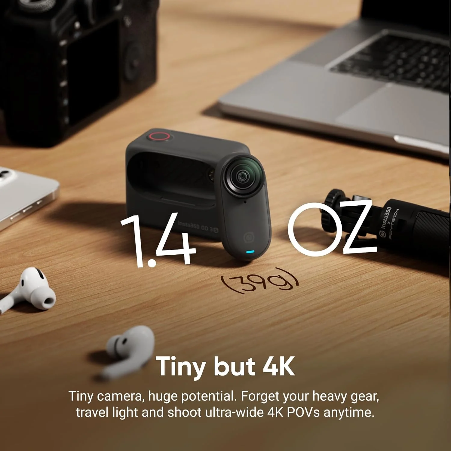 Insta360 GO 3S 64GB - Black — Cámara vlogging 4K manos libres, resistente al agua