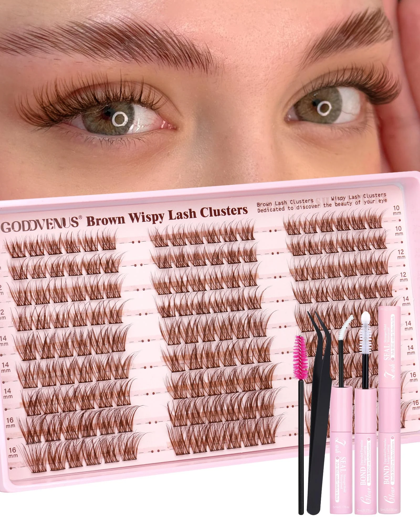 Kit de extensiones de pestañas en racimos Goddvenus marrón wispy rizo C