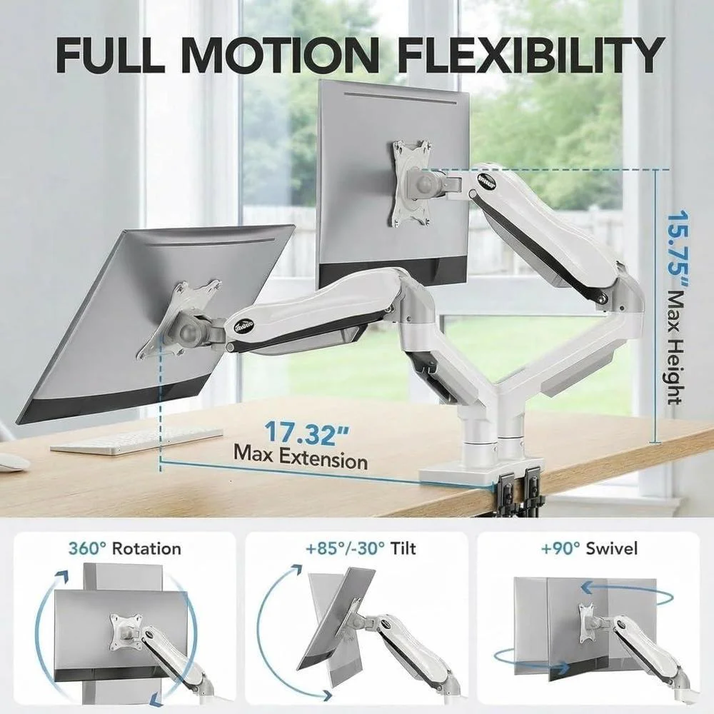HUANUO Soporte ajustable para monitor dual con brazo giratorio y montaje VESA. Compatible con pantallas de computadora, blanco