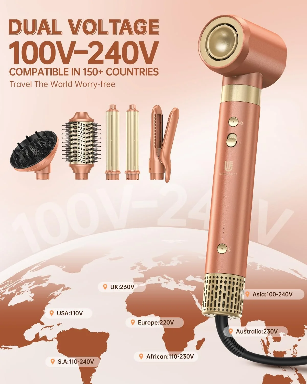 webeauty [Dual Voltage] webeauty 6 in 1 Hot Air Styler, High-Speed Negative Ionic Hair Dryer with Auto Curlers, Professional Blow Dryer Brush, Diffuser, Volumizer Multiple Styling, No Heat Damage