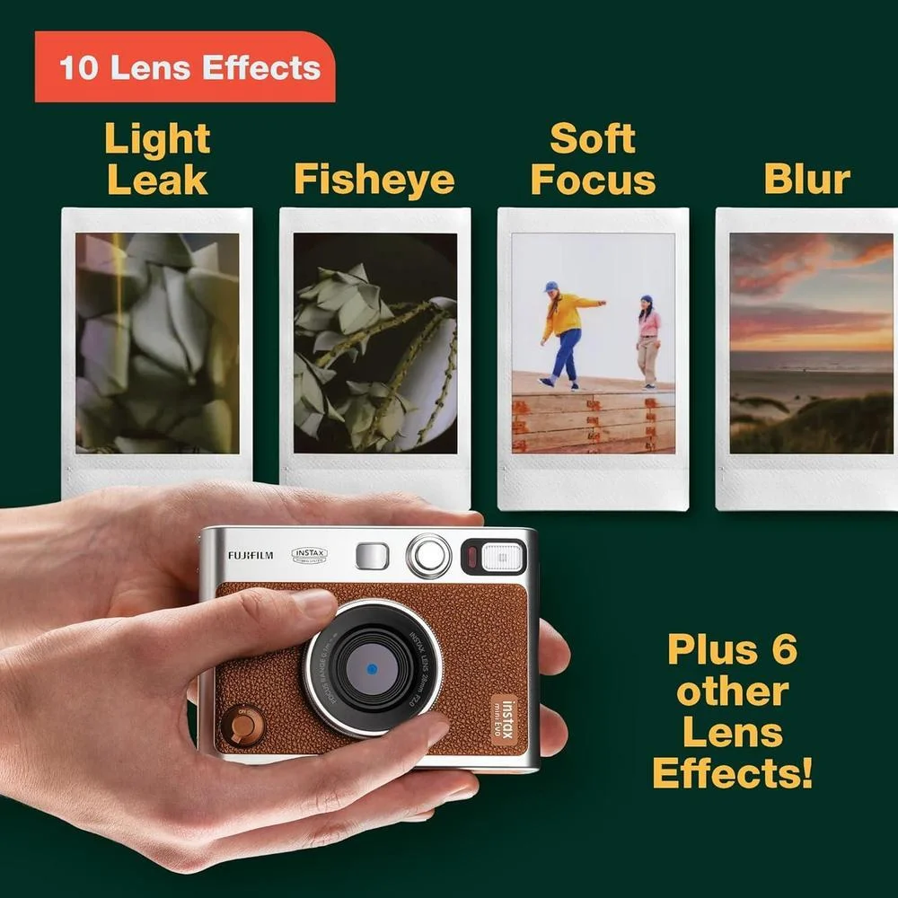 Cámara instantánea híbrida Fujifilm Instax Mini EVO color marrón, impresión de fotos Instax Mini de alta calidad