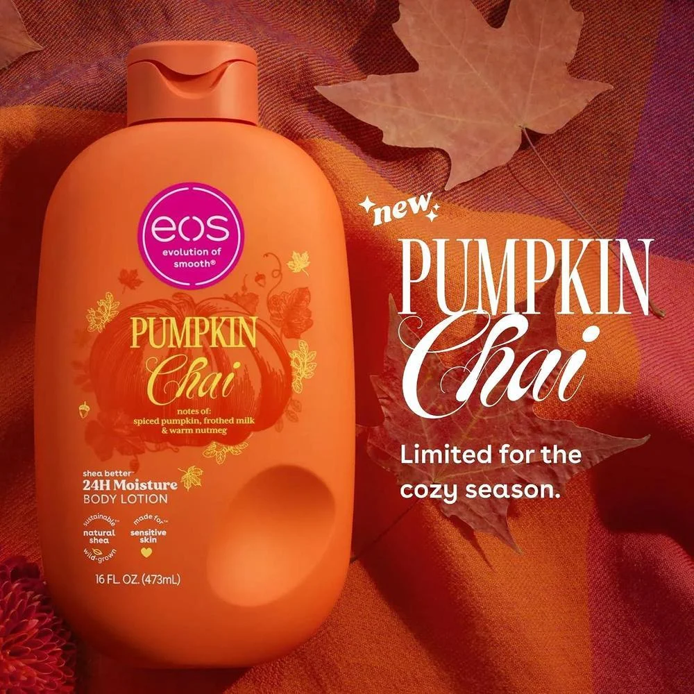 eos Pumpkin Chai Shea Better Body Lotion con manteca de karité, hidratación 24H, aroma calabaza chai